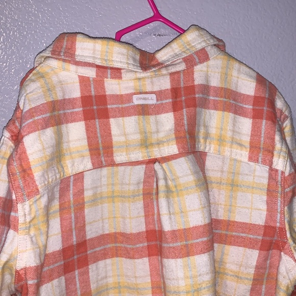 O’Neill plaid orange yellow beige long sleeve button down flannel top - Picture 5 of 6